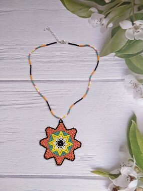 Beaded Star Pendant Necklace in Coral, Yellow & Turquoise